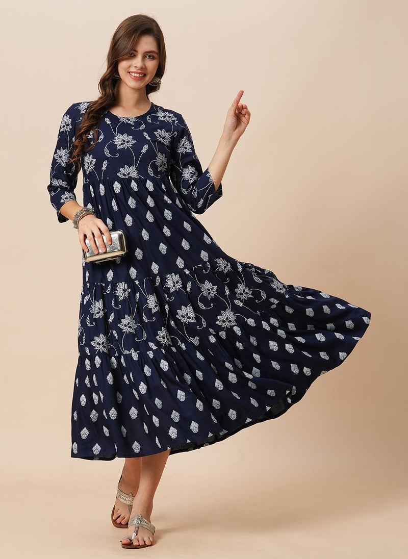 Globus Women Round Neck Floral Ethnic Print Gathered Tiered A-Line Midi Dress - Image 1
